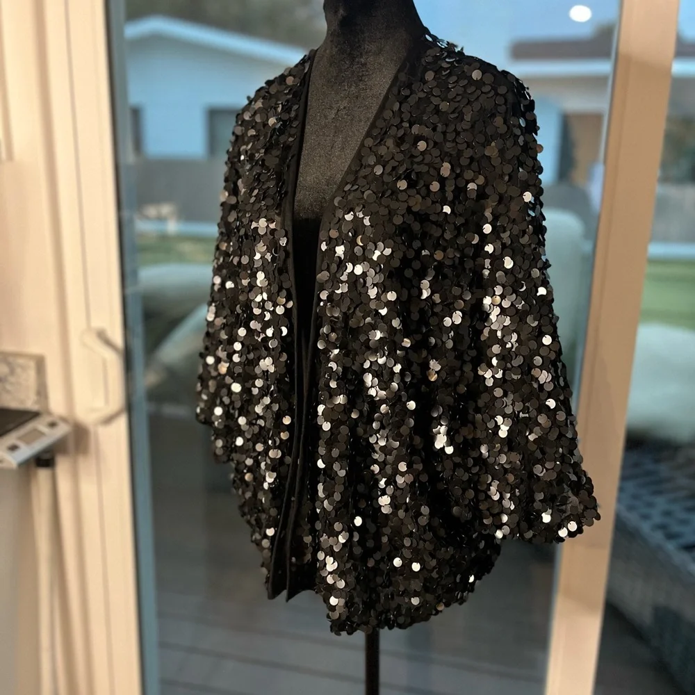 Black Sequin Cape Jacket Short Sleeve - Picture 16 of 16